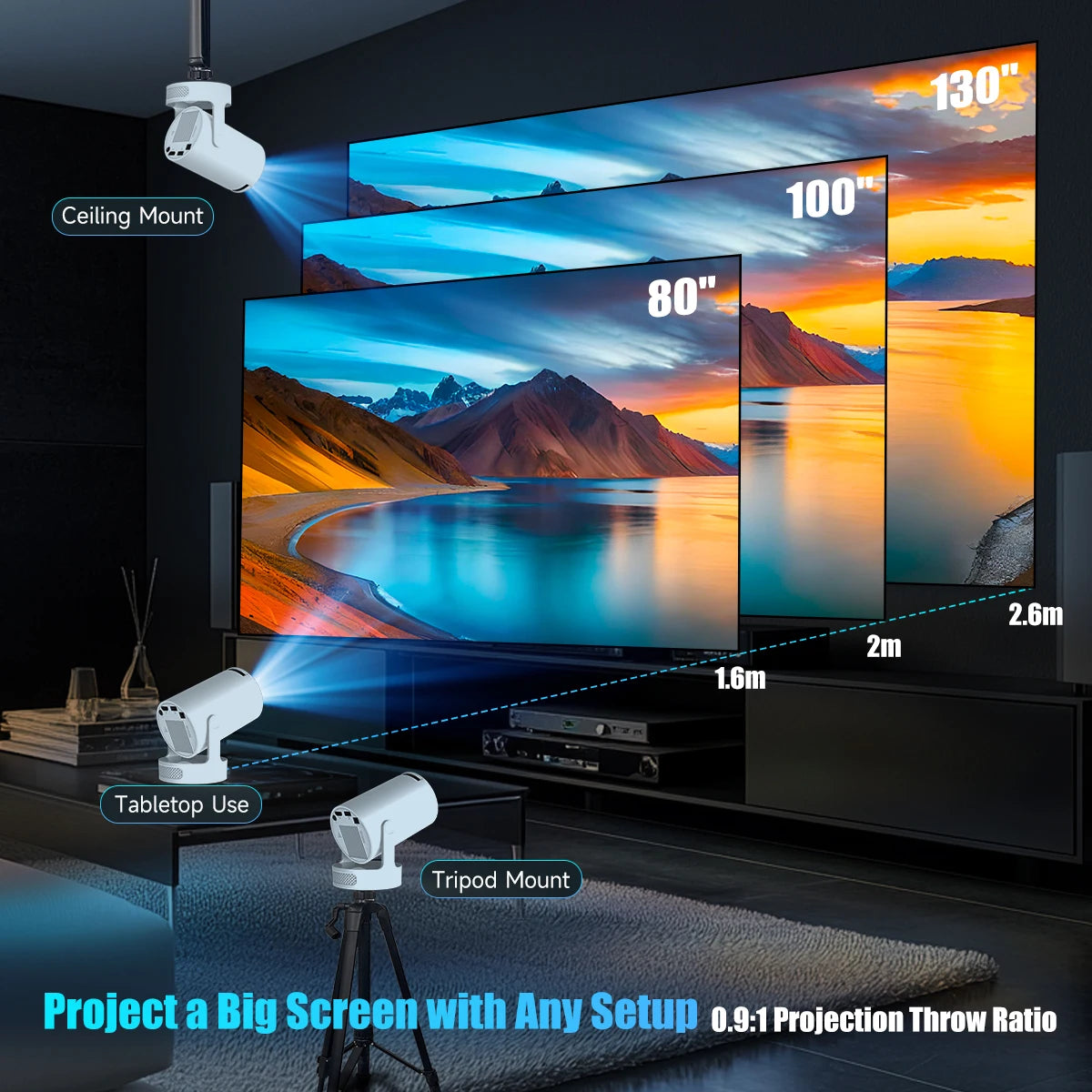 720P Android Projector with 8000 Lumens, WiFi 6, BT 5.4 & Speaker