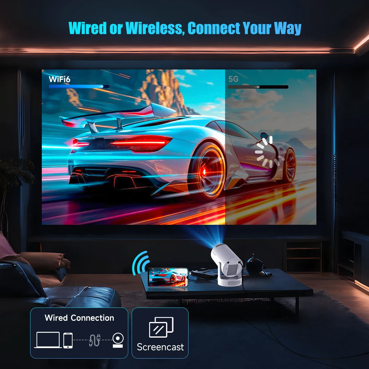 720P Android Projector with 8000 Lumens, WiFi 6, BT 5.4 & Speaker