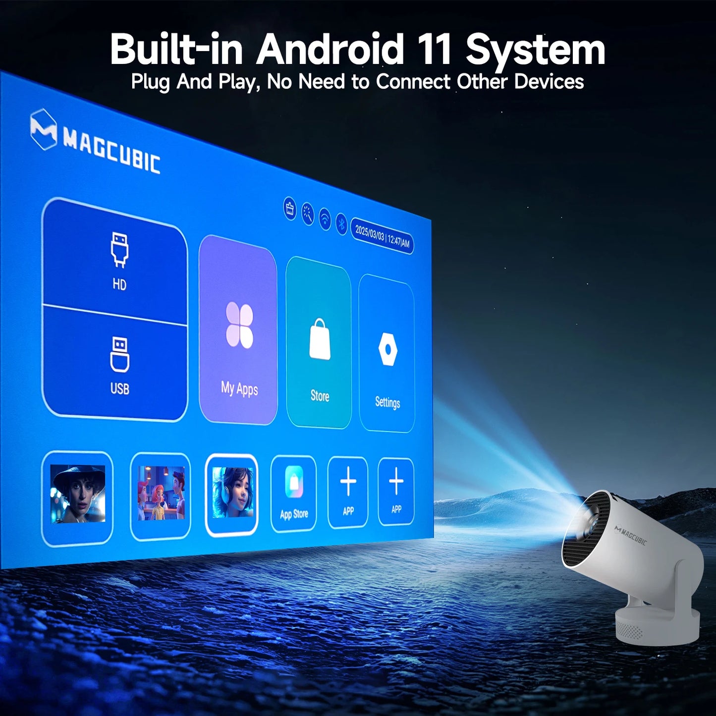 720P Android Projector with 8000 Lumens, WiFi 6, BT 5.4 & Speaker