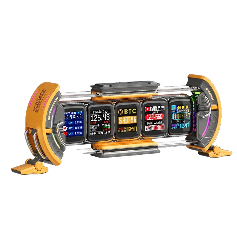 Multifunctional digital device with various displays on a white background