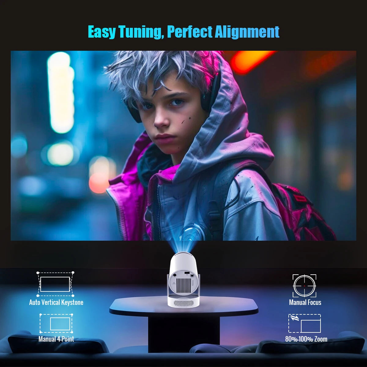 720P Android Projector with 8000 Lumens, WiFi 6, BT 5.4 & Speaker