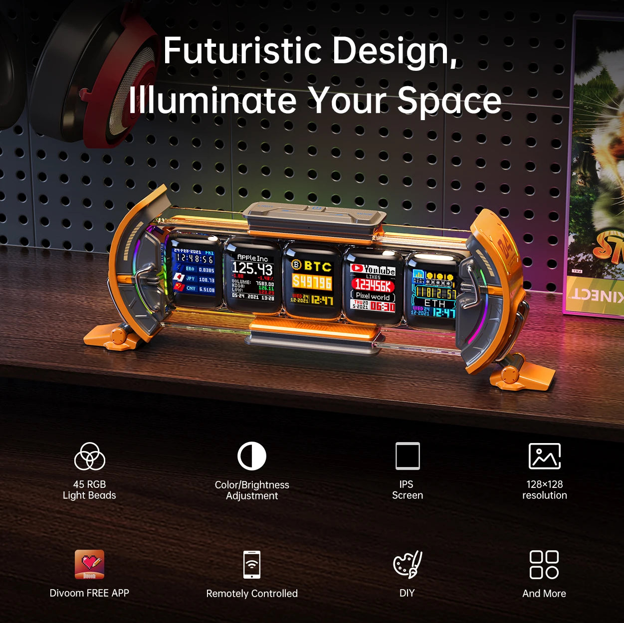 Futuristic digital clock with multiple displays on a wooden surface, featuring text and icons about its features.