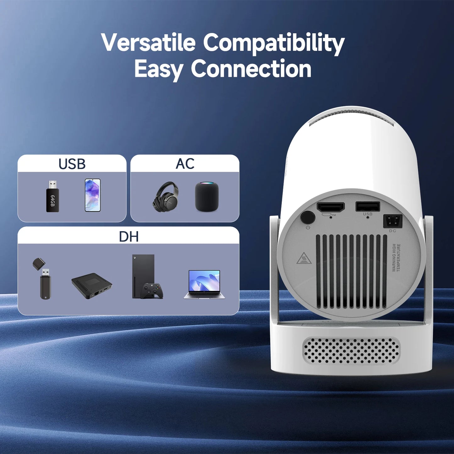 720P Android Projector with 8000 Lumens, WiFi 6, BT 5.4 & Speaker