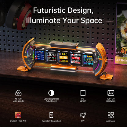Futuristic digital clock with multiple displays on a wooden surface, featuring text and icons about its features.